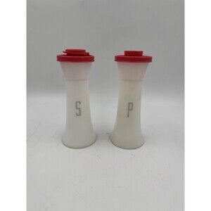 Set of Salt and Pepper Shaker Plastic Tupperware Silver Letters Red Lid Damaged